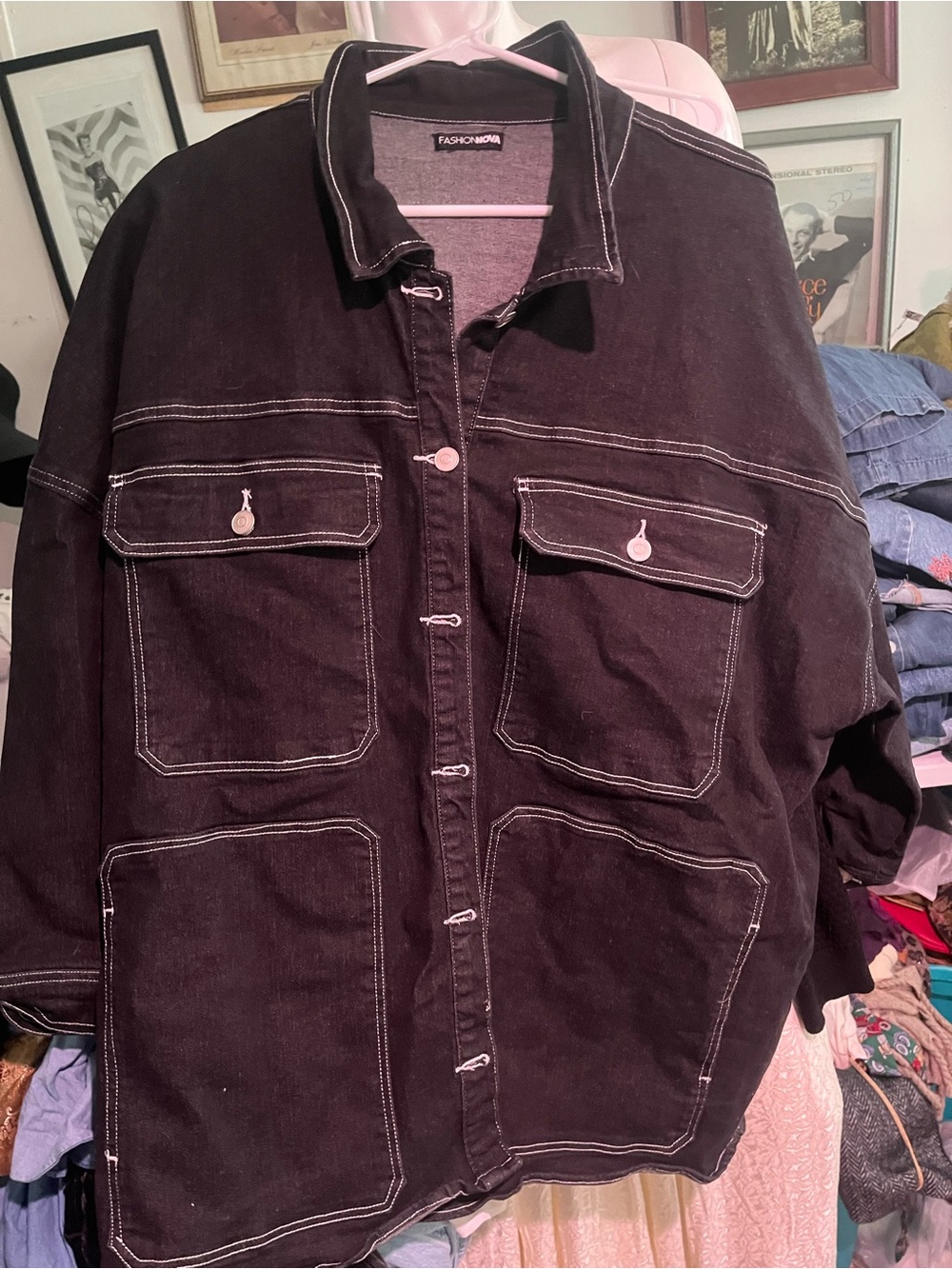 Fashion Nova Black Button-Front Oversized Contrast-Stitch Shirt Jacket